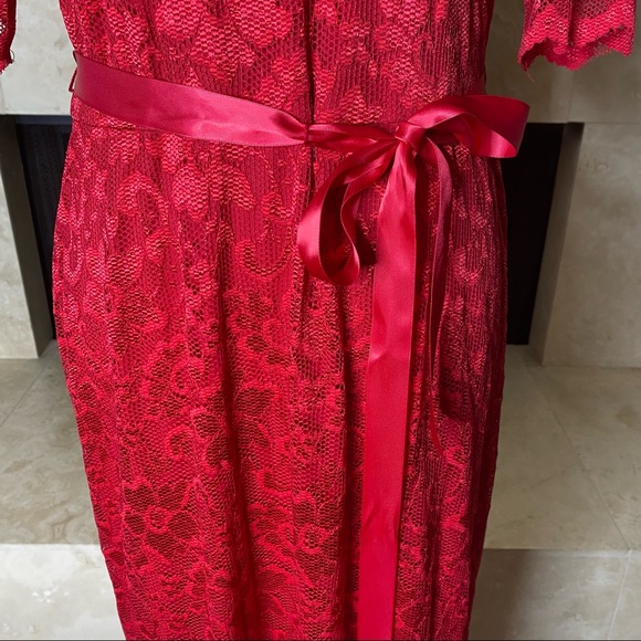 Leslie Fay Stretch Lace Illusion Tie Waist A-Line Gown Red Dress Size 12 - Picture 8 of 13